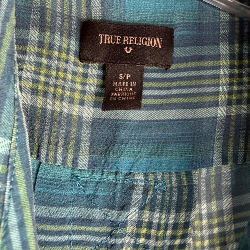 True Religion Womens Sleeveless Plaid Button Down Shirt Teal Green Small S/P - Picture 4 of 9